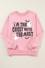 Pink Halloween Slogan Ghost Bat Graphic Drop Shoulder Sweatshirt Graphic Sweatshirts JT's Designer Fashion