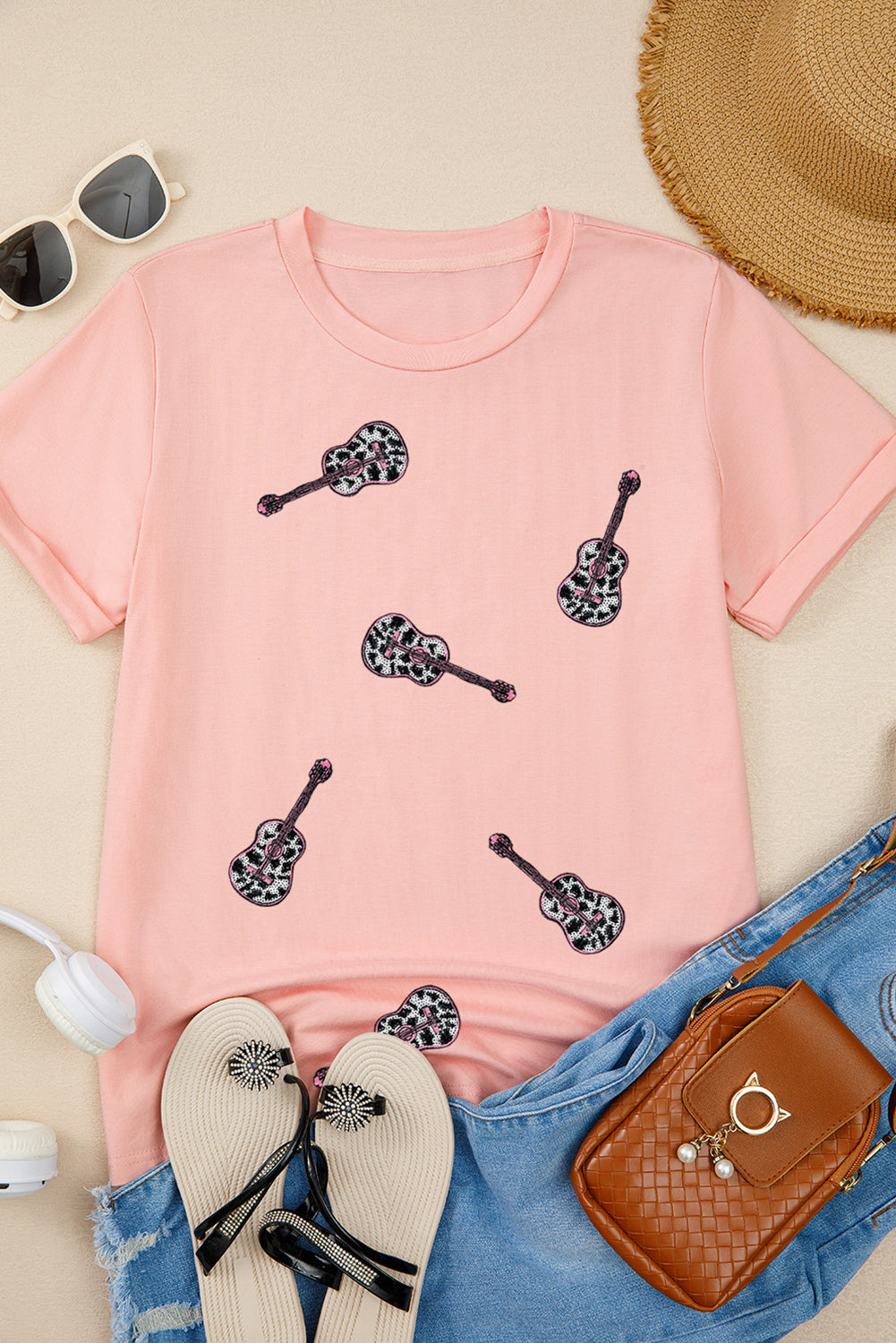 Pink Leopard Guitar Sequin Patch Crew Neck Tee Graphic Tees JT's Designer Fashion