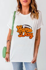 White Chenille Game Day Rugby Football Pattern Crewneck T Shirt Graphic Tees JT's Designer Fashion