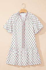 Pink Floral Print Bubble Sleeve Neck Tie Ruffled Dress Floral Dresses JT's Designer Fashion