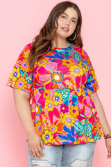 Pink Floral / Geometric Print Short Sleeve Plus Size Babydoll Blouse Plus Size JT's Designer Fashion