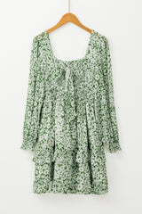 Green Floral Print Square Neck Shirred Waist Tiered Ruffled Mini Dress Floral Dresses JT's Designer Fashion