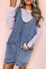 Dusk Blue Sleeveless U Neck Patched Pocket Denim Romper Jumpsuits & Rompers JT's Designer Fashion