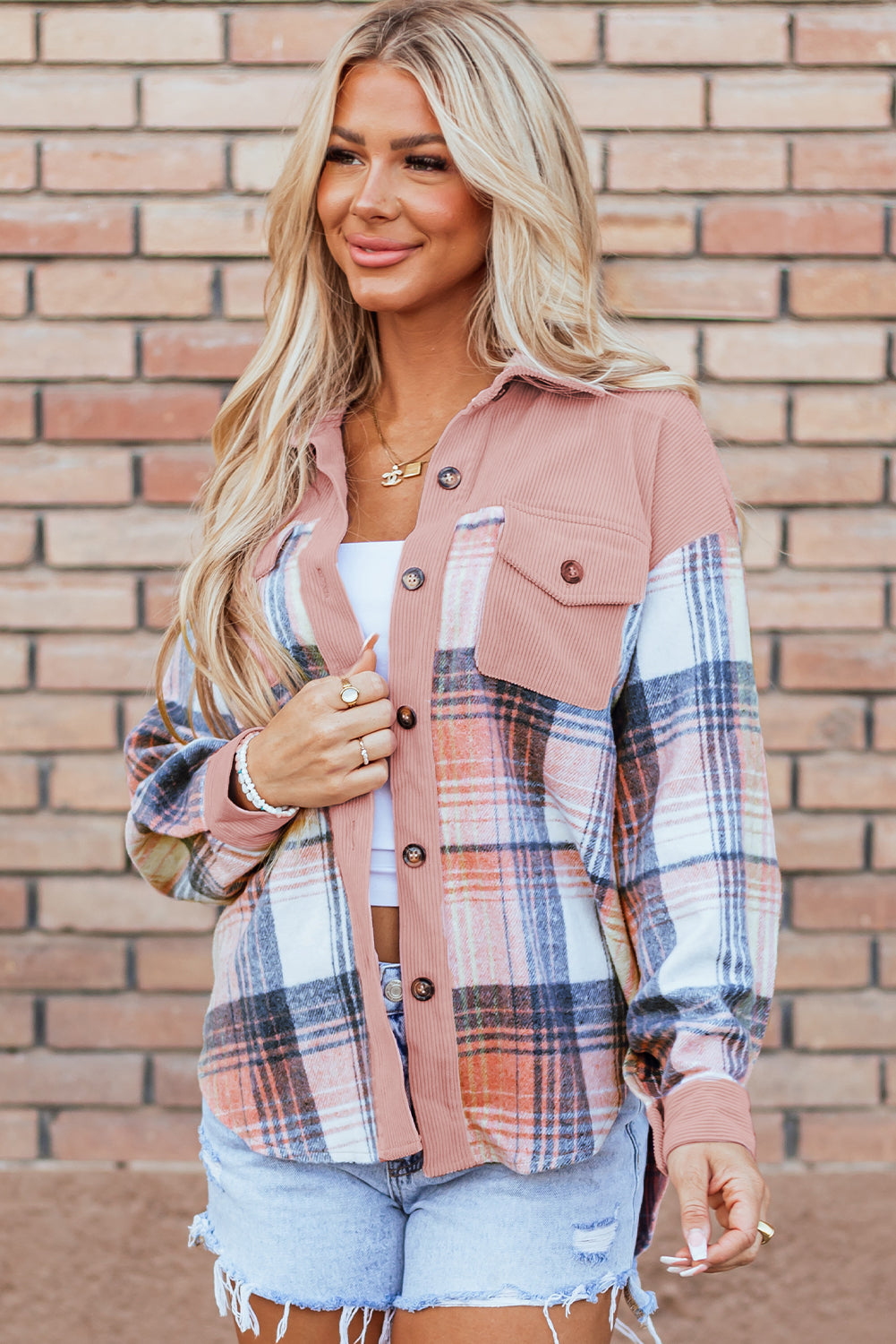 Light Pink Plaid Corduroy Patchwork Chest Pocket Shacket Plaid Shackets JT's Designer Fashion