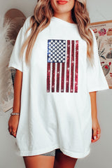 White Sequined American Flag Crewneck Oversized Tee Graphic Tees JT's Designer Fashion