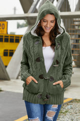 Army Green Fur Hood Horn Button Sweater Cardigan Sweaters & Cardigans JT's Designer Fashion