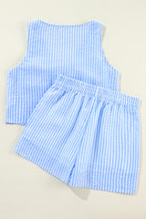 Sky Blue Stripe V Neck Bowknot Crop Tank and Shorts Set Short Sets JT's Designer Fashion