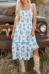 Sky Blue Floral Print Shirred Knot Shoulder Sleeveless Long Dress Floral Dresses JT's Designer Fashion