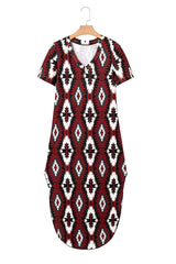 Red Western Aztec Printed Long T-shirt Dress T Shirt Dresses JT's Designer Fashion