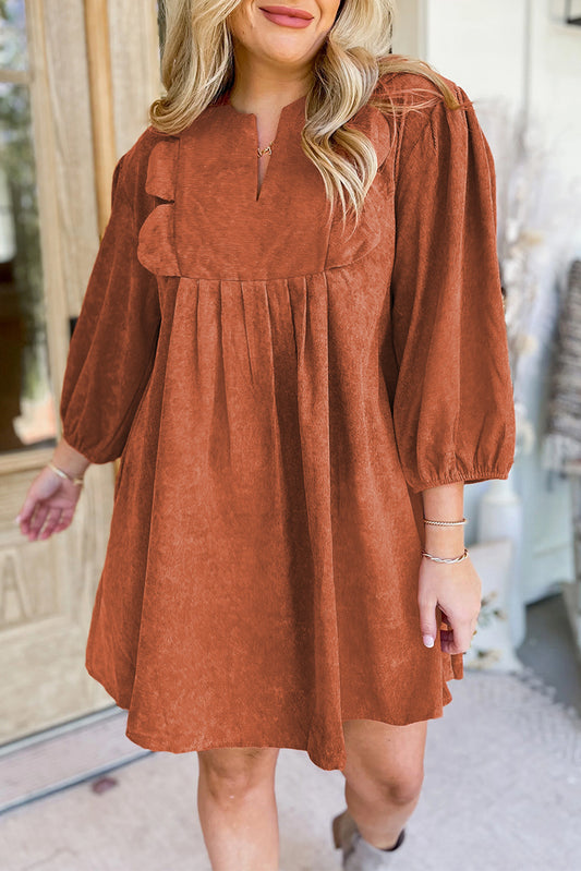 Cinnamon Bracelet Sleeve Split Neck Scallop Detail Pleated Corduroy Mini Dress Cinnamon 100%Polyester Mini Dresses JT's Designer Fashion