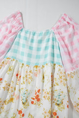 Pink Ric Rac Plaid Floral Print Patchwork Bubble Sleeve Dress Floral Dresses JT's Designer Fashion