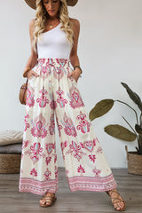 Rose Boho Printed Shirred High Waist Flowy Wide Leg Pants Pants & Culotte JT's Designer Fashion