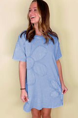 Sky Blue Mineral Wash Flower Patchwork Mini T Shirt Dress T Shirt Dresses JT's Designer Fashion