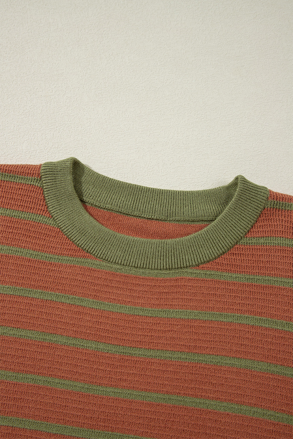 Brown Stripe Trimmed Round Neck Drop Shoulder Loose Sweater Sweaters JT's Designer Fashion