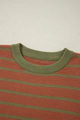 Brown Stripe Trimmed Round Neck Drop Shoulder Loose Sweater Sweaters JT's Designer Fashion