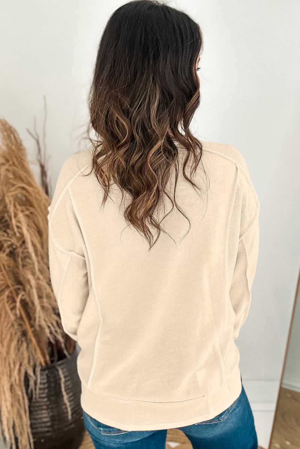 Beige Splicing Round Neck Pullover Sweatshirt Sweatshirts & Hoodies JT's Designer Fashion