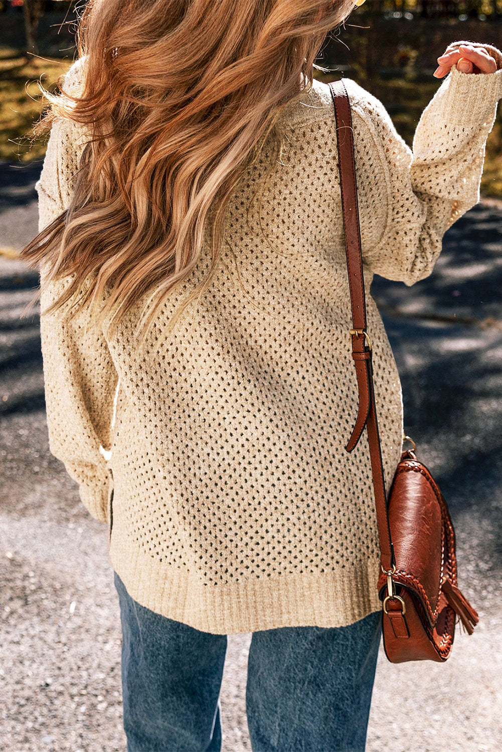 Parchment Loose Eyelet V Neck Drop Shoulder Sweater Sweaters JT's Designer Fashion