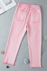 Apricot Pink Multi Buttons Raw Edge Crop Jeans Jeans JT's Designer Fashion