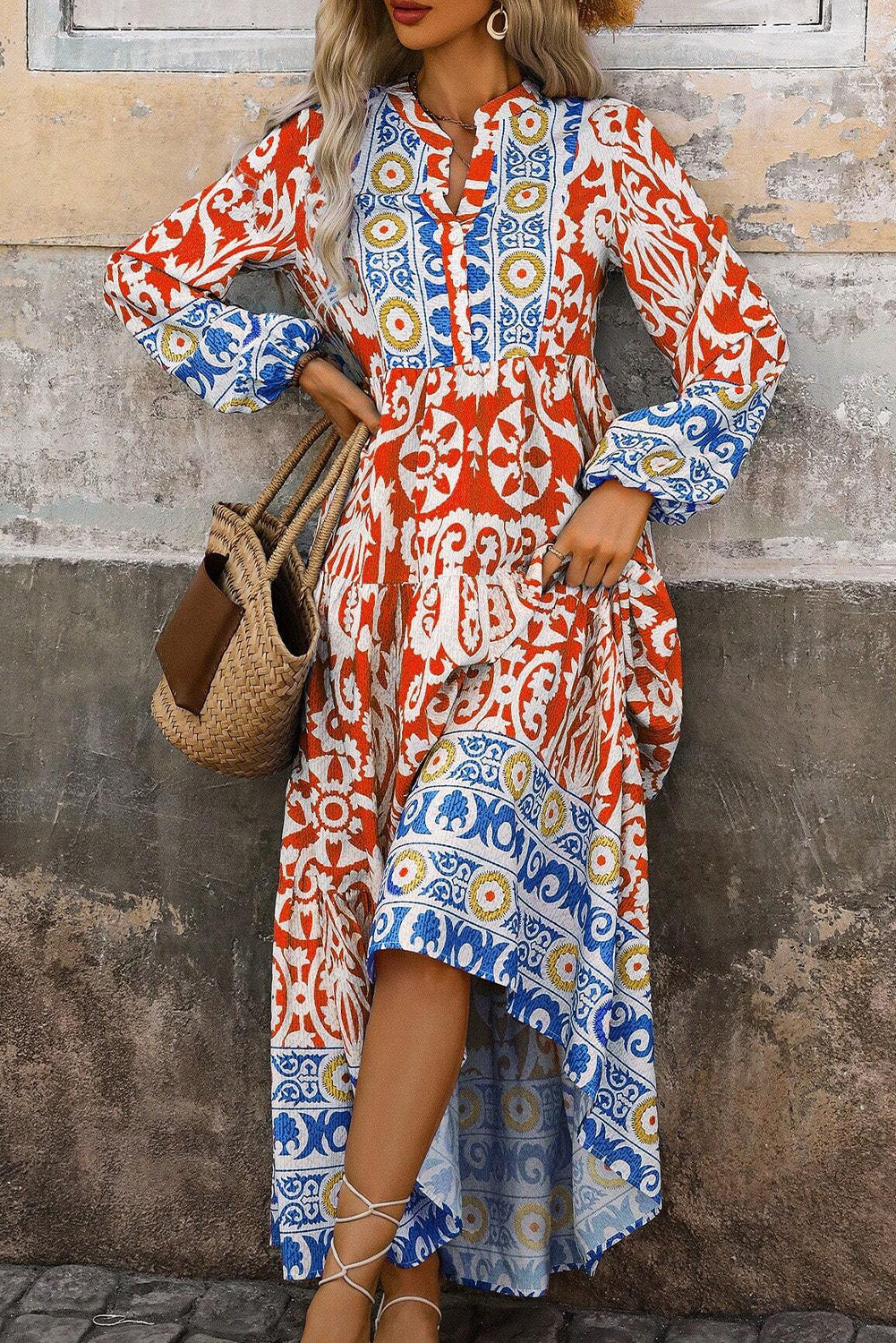 Orange Boho Geometric Printed Long Sleeve Long Dress Maxi Dresses JT's Designer Fashion