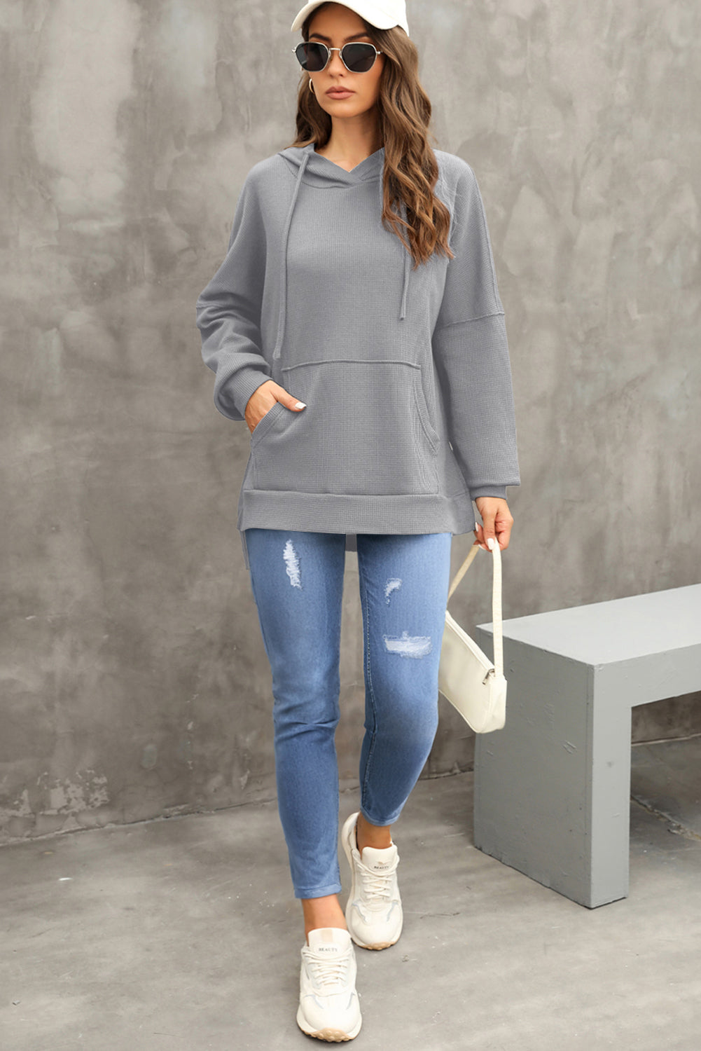 Gray Waffle Knit Fleece Lined High Low Oversized Hoodie Sweatshirts & Hoodies JT's Designer Fashion