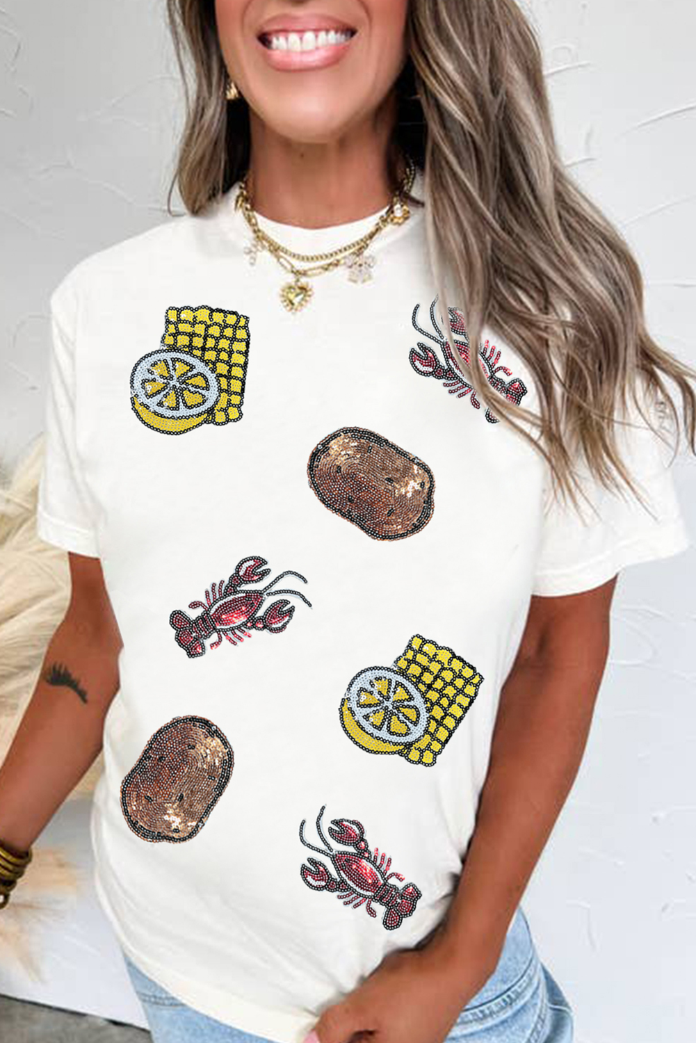 White Sequin Crawfish Potato Lemon Corn Graphic Crewneck T Shirt Graphic Tees JT's Designer Fashion
