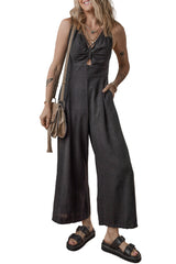 Black Front Cut Out Smocked Back Sleeveless Wide Leg Jumpsuit Bottoms JT's Designer Fashion