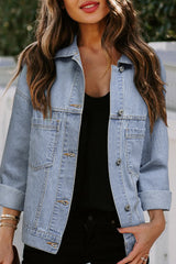 Sky Blue Stripe Washed Oversize Pocketed Denim Jacket Denim Jackets JT's Designer Fashion