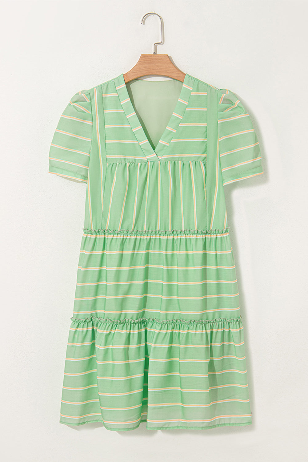 Green Stripe V Neck Short Sleeve Frilled Detail A-line Dress Dresses JT's Designer Fashion