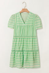 Green Stripe V Neck Short Sleeve Frilled Detail A-line Dress Dresses JT's Designer Fashion