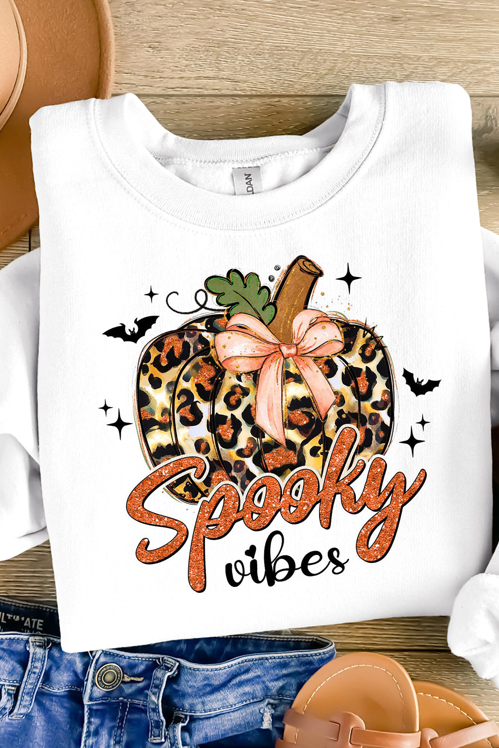 Beige Spooky Leopard Pumpkin Print Crew Neck Sweatshirt Graphic Sweatshirts JT's Designer Fashion
