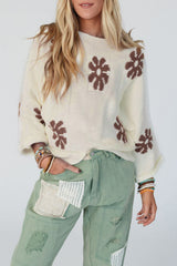 White Colorblock Floral Pattern Round Neck Sweater Sweaters JT's Designer Fashion