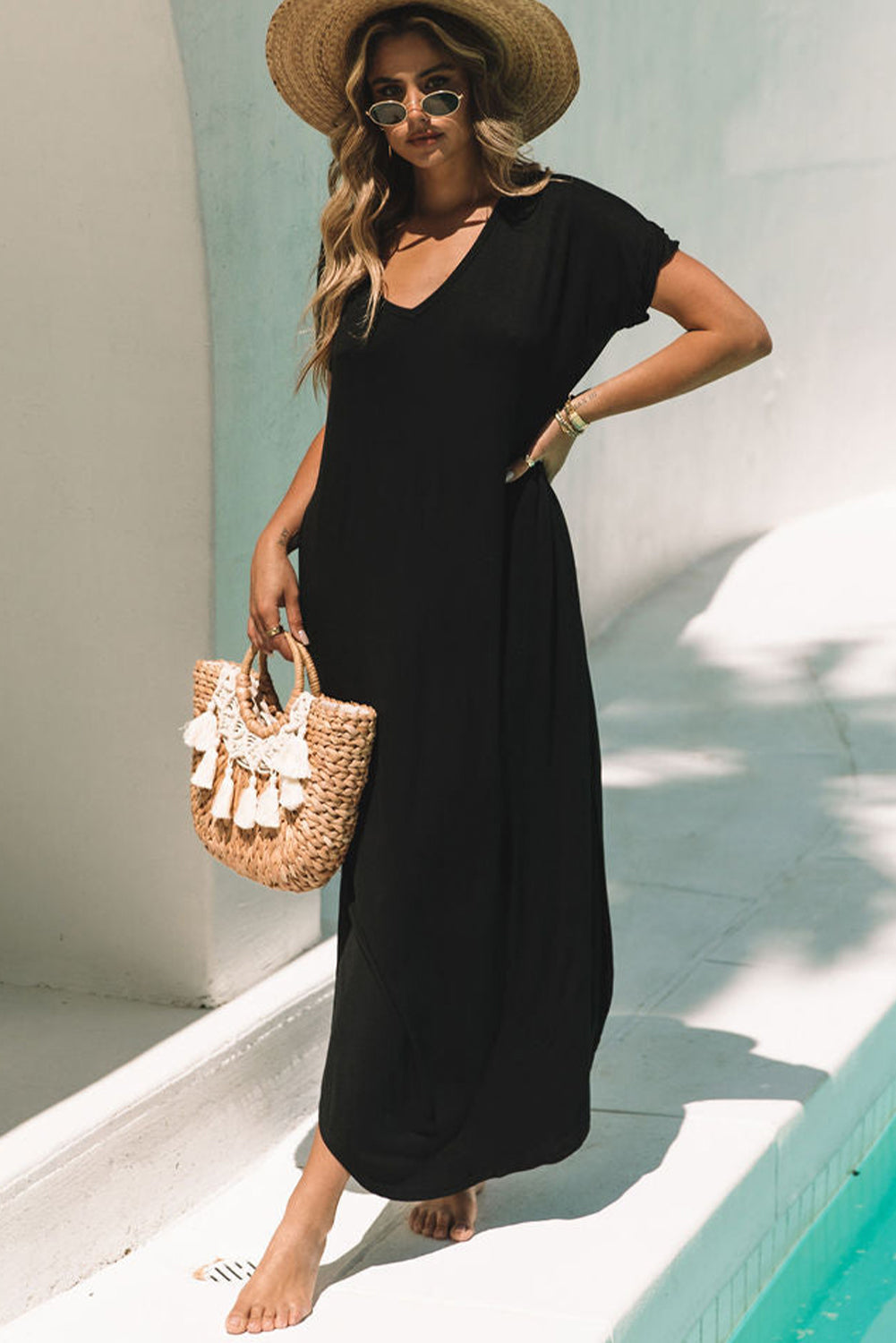 Black V Neck Hidden Pocket Splits Maxi T-shirt Dress T Shirt Dresses JT's Designer Fashion