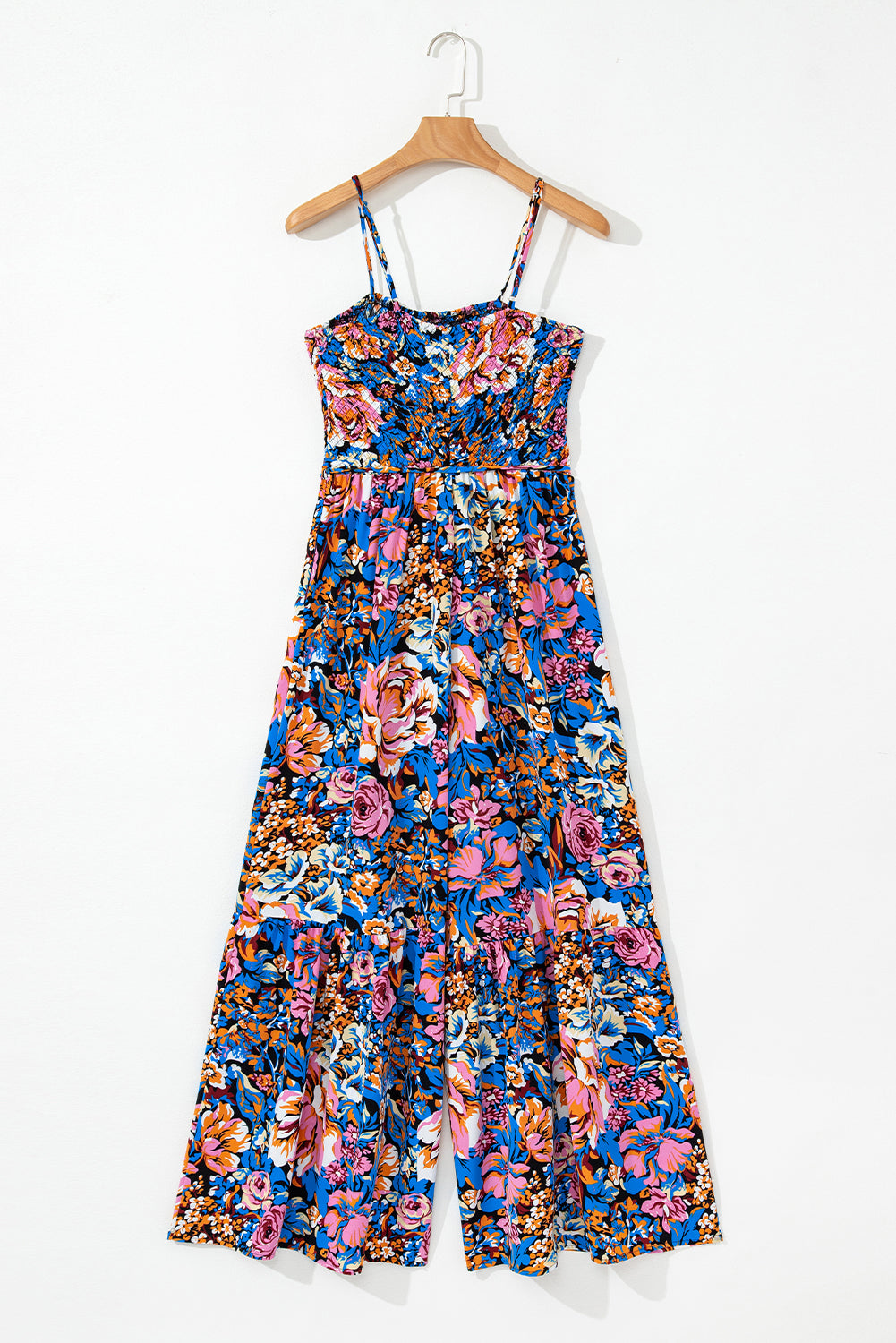 Pink Floral Smocked Bust Spaghetti Straps Wide Leg Jumpsuit Jumpsuits & Rompers JT's Designer Fashion