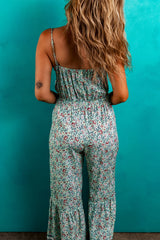 Green Bohemian Floral Ruffle Bottom Spaghetti Strap Jumpsuit Jumpsuits & Rompers JT's Designer Fashion