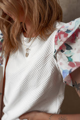 White Abstract Print Tiered Ruffled Sleeve Textured Knit Top Blouses & Shirts JT's Designer Fashion