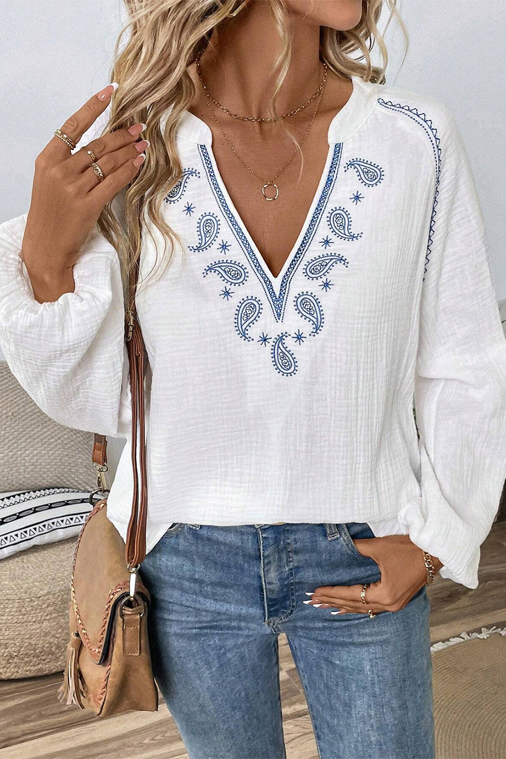 White Paisley Embroidered Textured Split Neck Long Puff Sleeve Blouse Blouses & Shirts JT's Designer Fashion