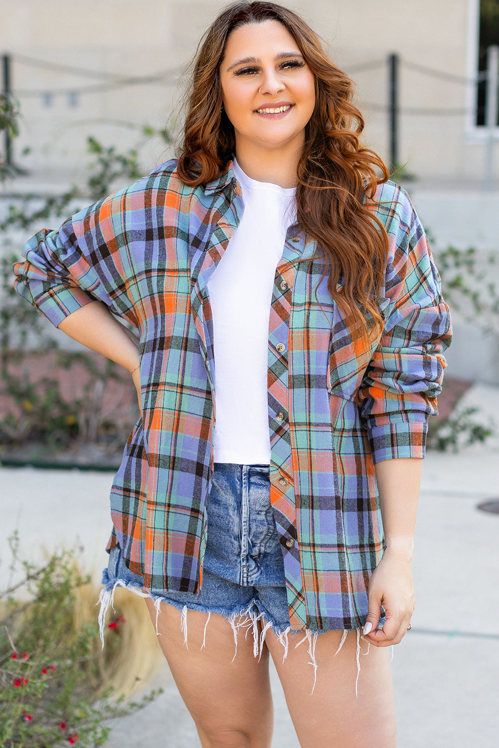 Orange Plus Size Plaid Print Buttoned Shirt Orange 100%Cotton Plus Size Blouses & Shirts JT's Designer Fashion
