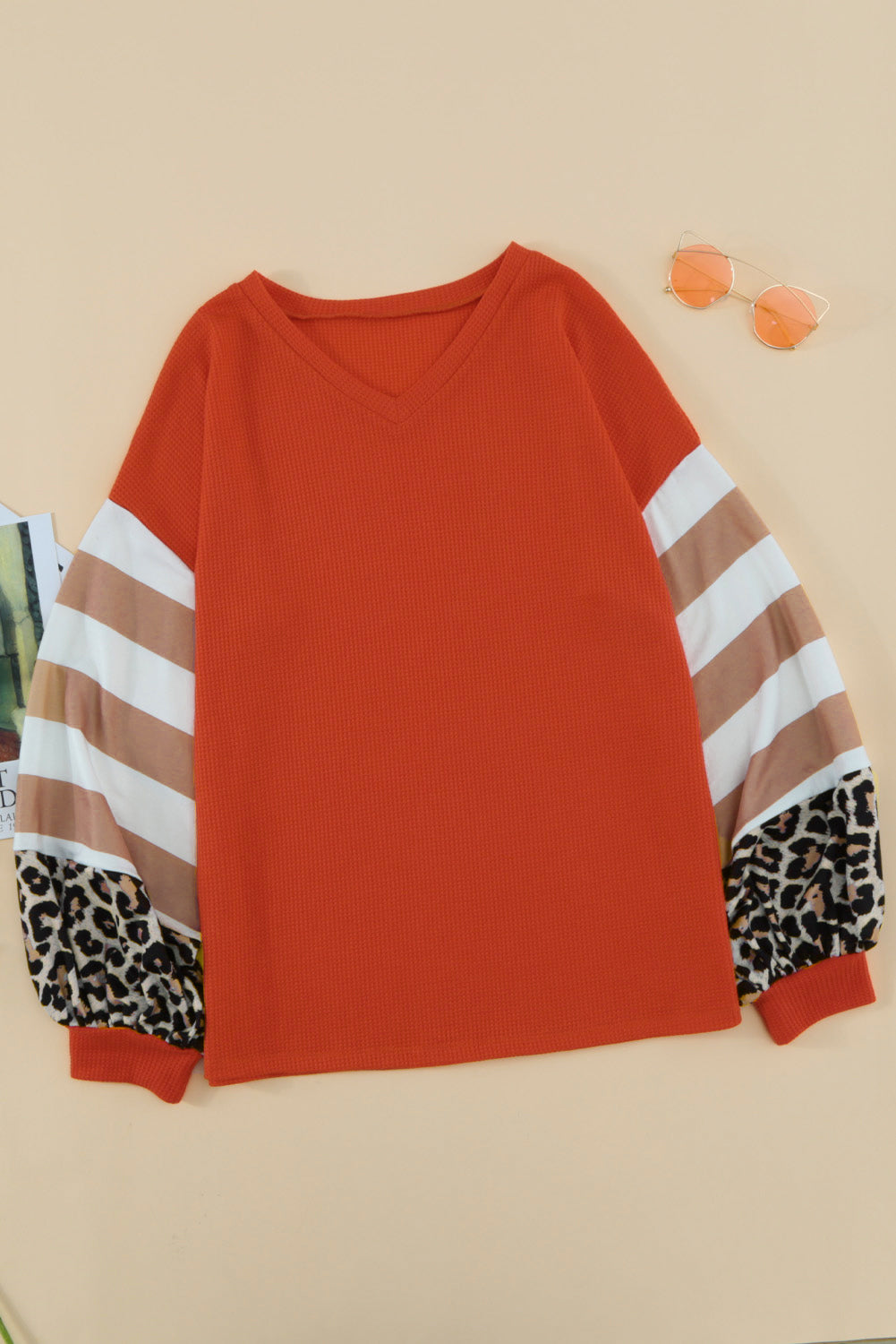 Orange V Neck Leopard Stripe Splice Lantern Sleeve Top Long Sleeve Tops JT's Designer Fashion