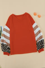 Orange V Neck Leopard Stripe Splice Lantern Sleeve Top Long Sleeve Tops JT's Designer Fashion