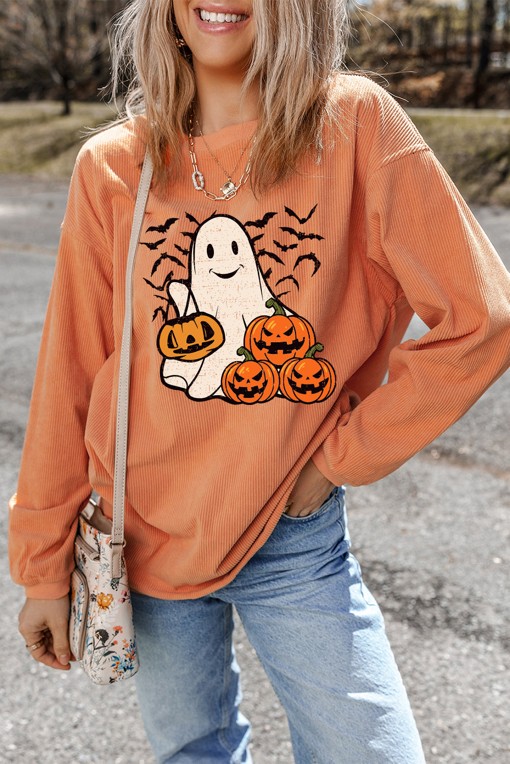 Orange Halloween Ghost Pumpkin Bat Print Corded Pullover Sweatshirt Graphic Sweatshirts JT's Designer Fashion