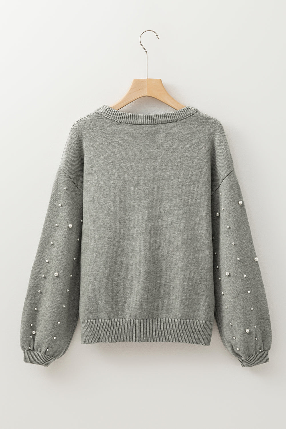 Light Grey Pearled Drop Shoulder Round Neck Sweater Sweaters JT's Designer Fashion