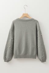 Light Grey Pearled Drop Shoulder Round Neck Sweater Sweaters JT's Designer Fashion