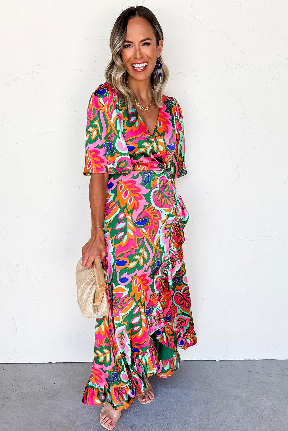 Rose Summer Plant Print Surpliced V Neck Ruffled Asymmetric Slit Wide Short Sleeve Maxi Dress Dresses JT's Designer Fashion
