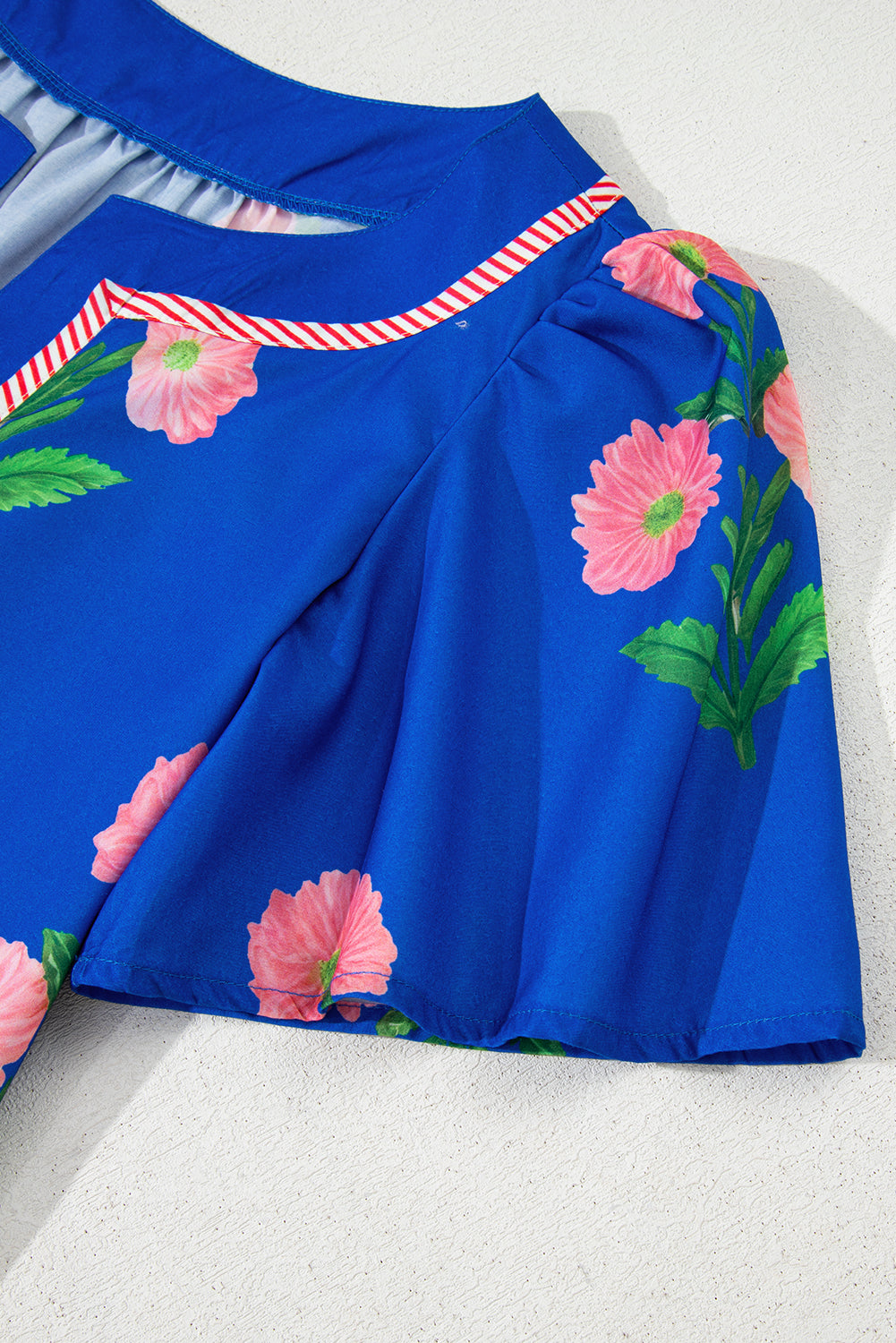 Blue Floral Short Sleeve Split Neck Loose Mini Dress Floral Dresses JT's Designer Fashion