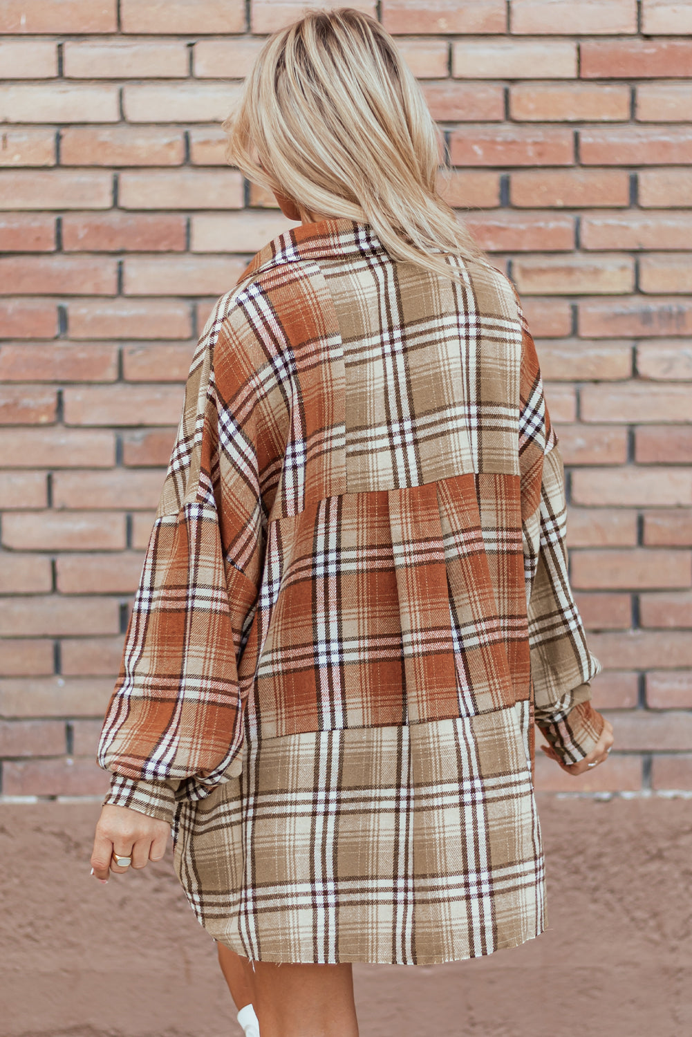 Khaki Plaid Colorblock Patchwork High Low Shacket Plaid Shackets JT's Designer Fashion
