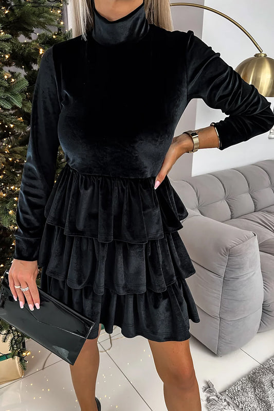 Black Velvet High Neck Tiered Ruffle Mini Dress Mini Dresses JT's Designer Fashion