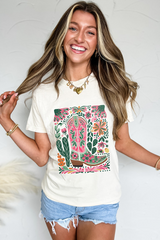 White Western Boot Flower Print Crew Neck Loose Tee Graphic Tees JT's Designer Fashion