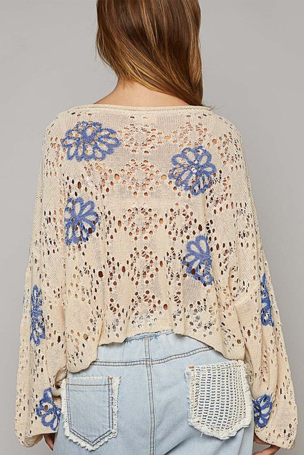 Beige Contrast Flower Print Eyelet Drop Shoulder Sweater Sweaters JT's Designer Fashion