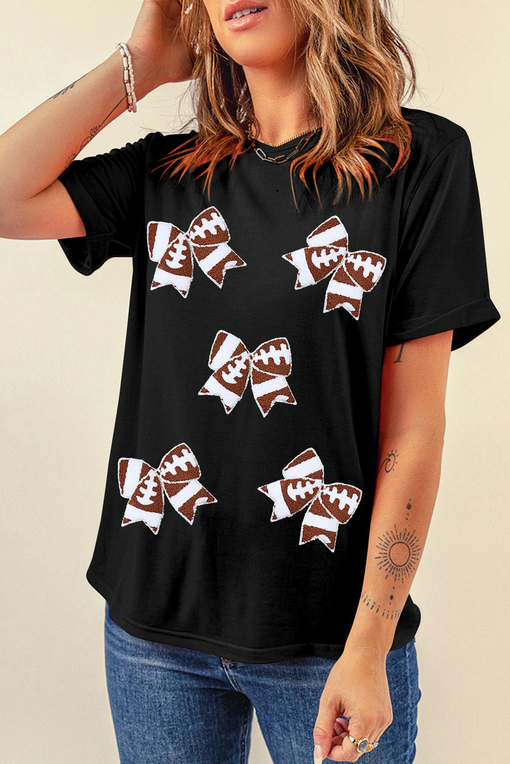 Black Rugby Football Bowknot Pattern Game Day T Shirt Graphic Tees JT's Designer Fashion
