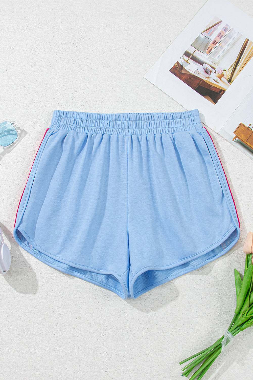 Beau Blue Color Block Stripes Elastic High Waist Active Shorts Casual Shorts JT's Designer Fashion